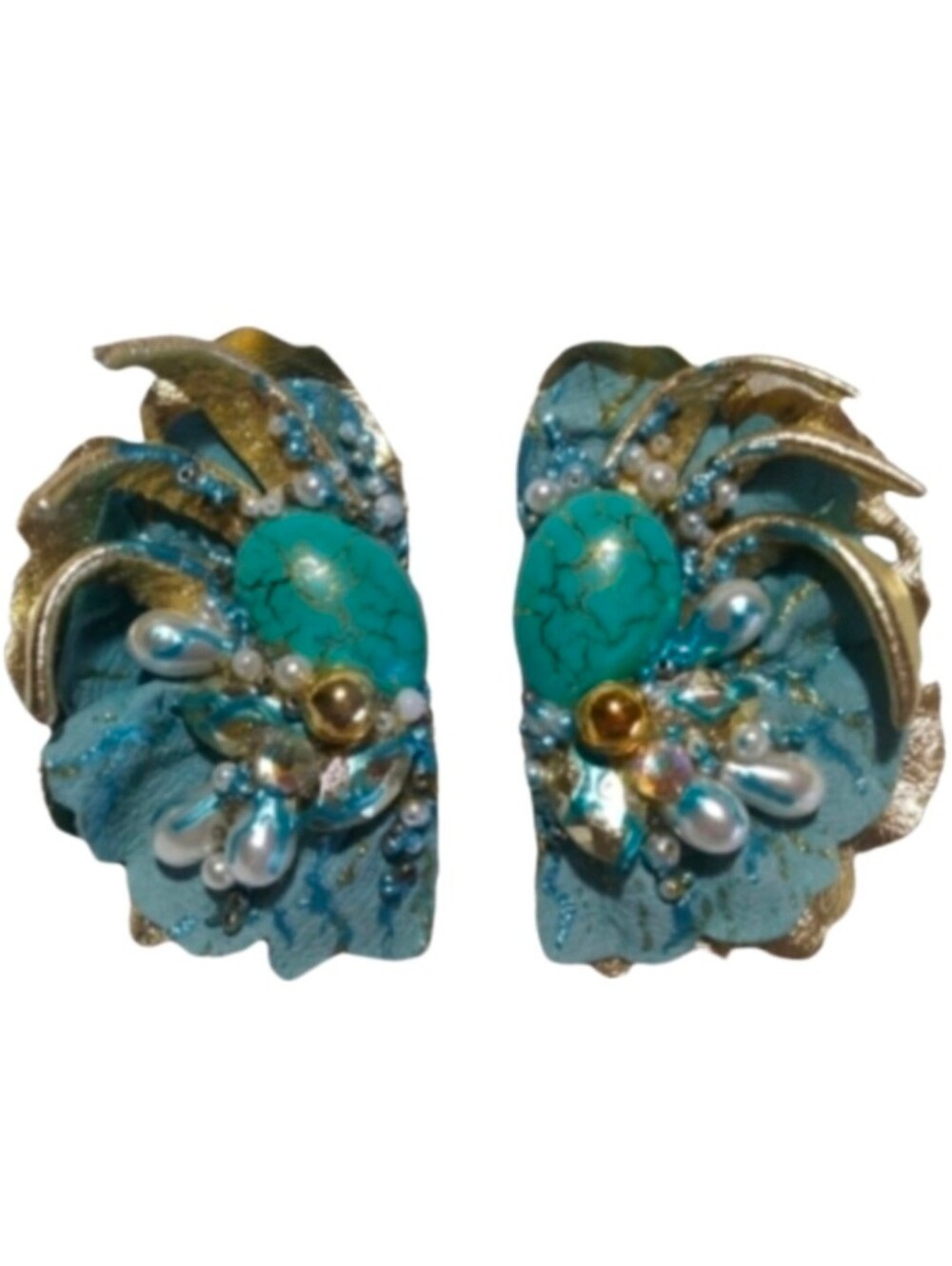 Zee Vintage Earrings 1980s Clip Real Leather Faux Stones Turquoise OS